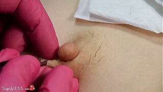 Challenge Beautician Plucks Hair on Nipples of Girl on Depilation and Massaging Bosom Upon Red Latex Gloves